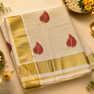 ATHAM – 29: Kerala Kasavu Saree with Maroon Leaf Embroidery and Grand Gold Border