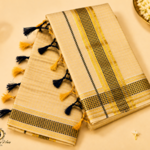 ATHAM – 16: Traditional Kerala Kasavu Saree with Navy Blue Checked Border and Dual Tone Tassels | Premium Onam Collection