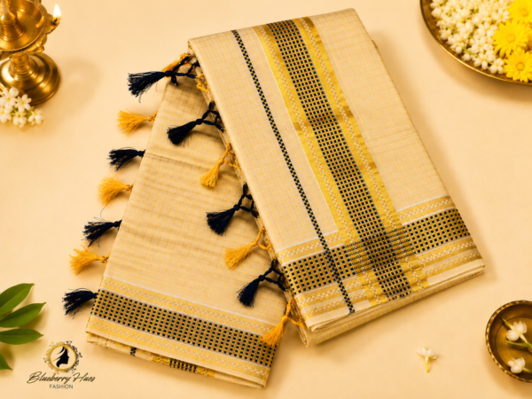 ATHAM – 16: Traditional Kerala Kasavu Saree with Navy Blue Checked Border and Dual Tone Tassels | Premium Onam Collection