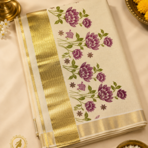 ATHAM – 07: Traditional Kerala Kasavu Saree with Purple Floral Print | Premium Onam Collection