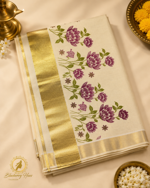 Kasavu-Saree-with-Purple-Floral-Print-1.png ATHAM – 07: Traditional Kerala Kasavu Saree with Purple Floral Print | Premium Onam Collection