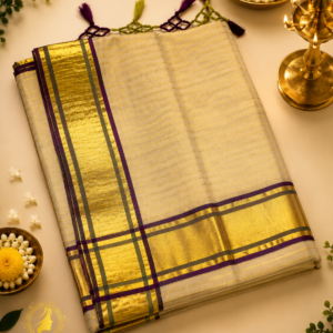 ATHAM – 30: Kerala Kasavu Saree with Purple-Green Border and Handwoven Gold Stripes