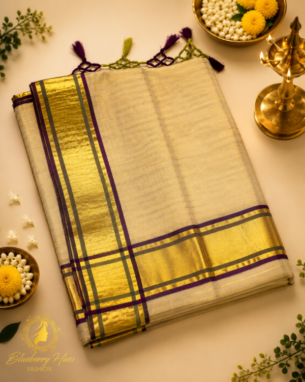 ATHAM – 30: Kerala Kasavu Saree with Purple-Green Border and Handwoven Gold Stripes