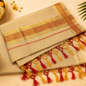 ATHAM – 21: Traditional Kerala Kasavu Saree with Red Checked Border and Tassel Finish | Onam Collection