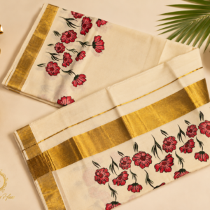 ATHAM – 34: Kerala Kasavu Saree with Red Floral Print and Grand Golden Border