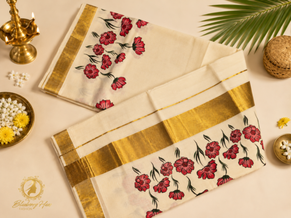 ATHAM – 34: Kerala Kasavu Saree with Red Floral Print and Grand Golden Border