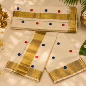 ATHAM – 10: Traditional Kerala Kasavu Saree with Red and Navy Polka Motifs | Premium Onam Collection