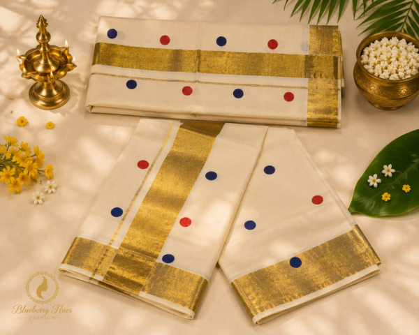 ATHAM – 10: Traditional Kerala Kasavu Saree with Red and Navy Polka Motifs | Premium Onam Collection