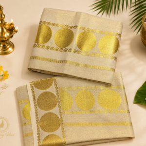 ATHAM – 04: Traditional Kerala Kasavu Set Mundu with Grand Golden Circle Design | Onam Collection
