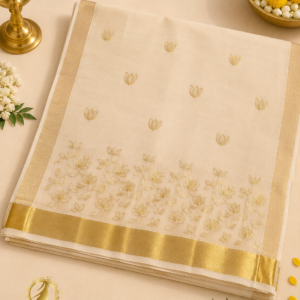 Kerala Kasavu Mundu with Golden Lotus Embroidery