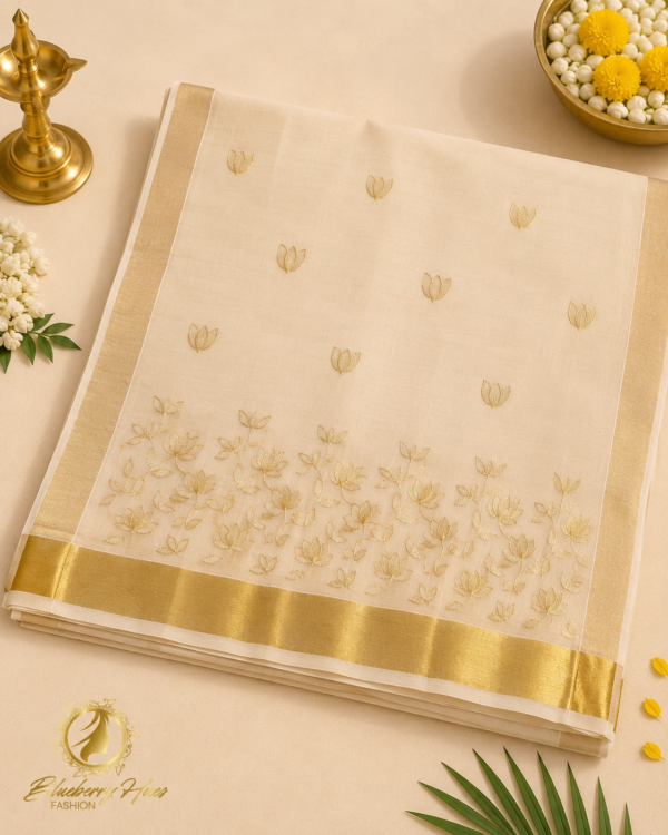 Kerala Kasavu Mundu with Golden Lotus Embroidery