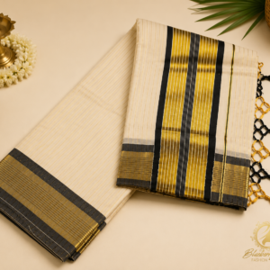 ATHAM – 38: Traditional Kerala Kasavu Saree with Black & Gold Temple Border | Premium Onam Collection