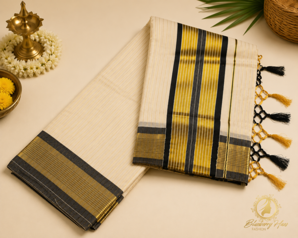 Kerala-Kasavu-Saree-with-Black-Gold-Temple-Border-1.png ATHAM – 38: Traditional Kerala Kasavu Saree with Black & Gold Temple Border | Premium Onam Collection