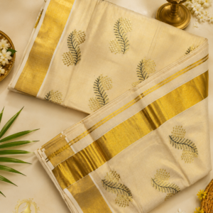 ATHAM – 41: Traditional Kerala Kasavu Saree with Elegant Black & Gold Leaf Embroidery