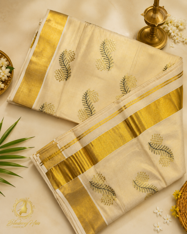 ATHAM – 41: Traditional Kerala Kasavu Saree with Elegant Black & Gold Leaf Embroidery
