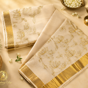 ATHAM – 35: Traditional Kerala Kasavu Saree with Elegant Golden Lotus Embroidery