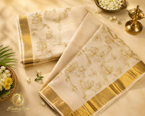 ATHAM – 35: Traditional Kerala Kasavu Saree with Elegant Golden Lotus Embroidery