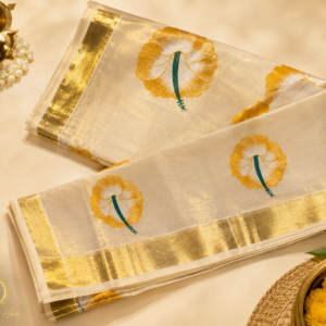 ATHAM – 37: Traditional Kerala Kasavu Saree with Elegant Yellow Floral Embroidery | Premium Onam Collection