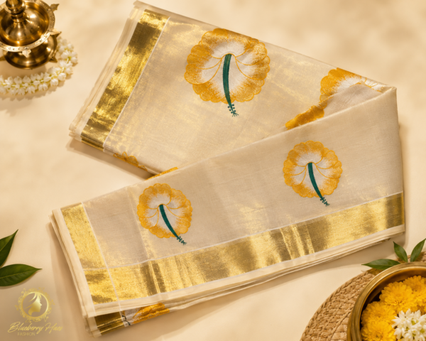 ATHAM – 37: Traditional Kerala Kasavu Saree with Elegant Yellow Floral Embroidery | Premium Onam Collection