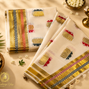 ATHAM – 36: Kerala Kasavu Saree with Golden Lotus Motifs and Checkered Border