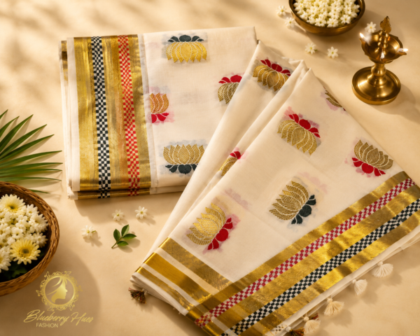 ATHAM – 36: Kerala Kasavu Saree with Golden Lotus Motifs and Checkered Border