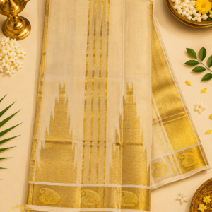 ATHAM – 42: Traditional Kerala Kasavu Saree with Grand Golden Temple Border & Paisley Design