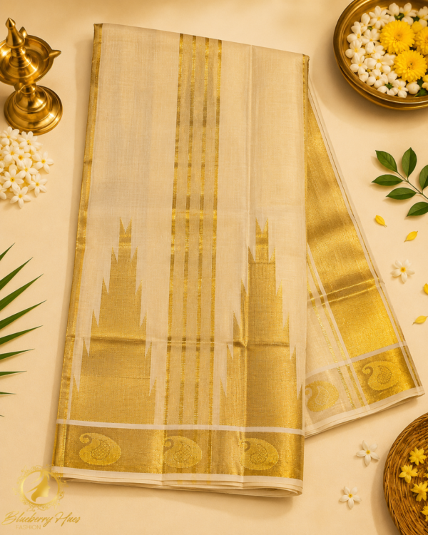 ATHAM – 42: Traditional Kerala Kasavu Saree with Grand Golden Temple Border & Paisley Design