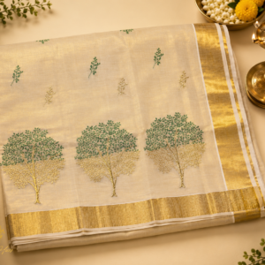 ATHAM – 31: Kerala Kasavu Saree with Green-Gold Tree Embroidery and Broad Golden Border