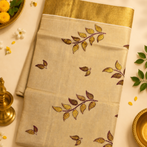 ATHAM – 40: Kerala Kasavu Saree with Maroon Golden Leaf Embroidery and Grand Gold Border