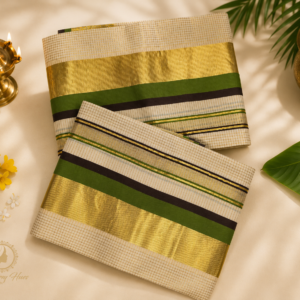 ATHAM – 03: Traditional Kerala Kasavu Set Mundu with Green and Maroon Border | Premium Onam Collection