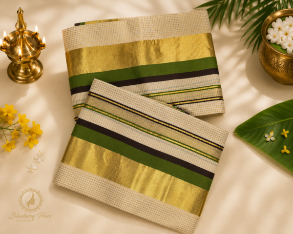 Kerala-Kasavu-Set-Mundu-with-Green-and-Maroon-Border-1.png ATHAM – 03: Traditional Kerala Kasavu Set Mundu with Green and Maroon Border | Premium Onam Collection