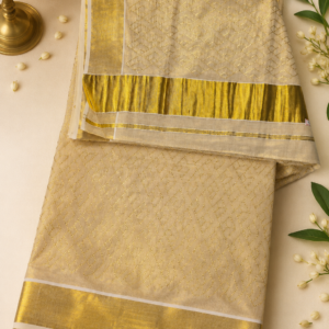 ATHAM – 24: Traditional Kerala Kasavu Saree with All-Over Golden Geometric Weaving and Broad Zari Border | Onam Collection
