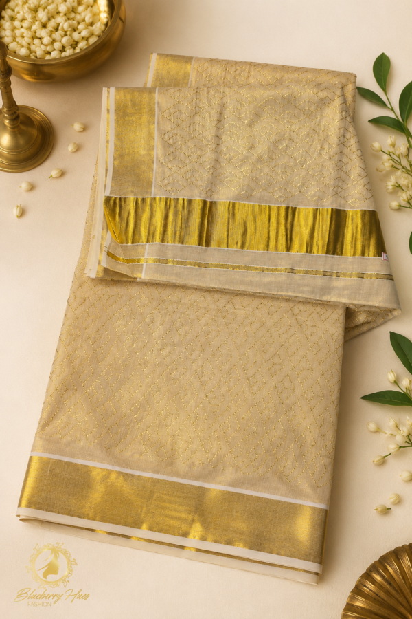 ATHAM – 24: Traditional Kerala Kasavu Saree with All-Over Golden Geometric Weaving and Broad Zari Border | Onam Collection