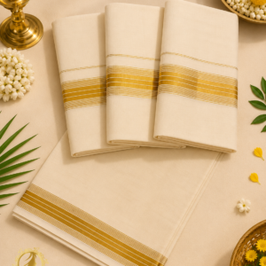 ATHAM – 48: Traditional Kerala Men's Cream Mundu with Fine Golden Kasavu Border
