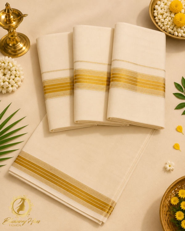 ATHAM – 48: Traditional Kerala Men's Cream Mundu with Fine Golden Kasavu Border