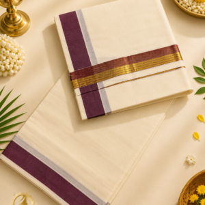 ATHAM – 45: Traditional Kerala Men's Mundu with Maroon and Gold Kasavu Border