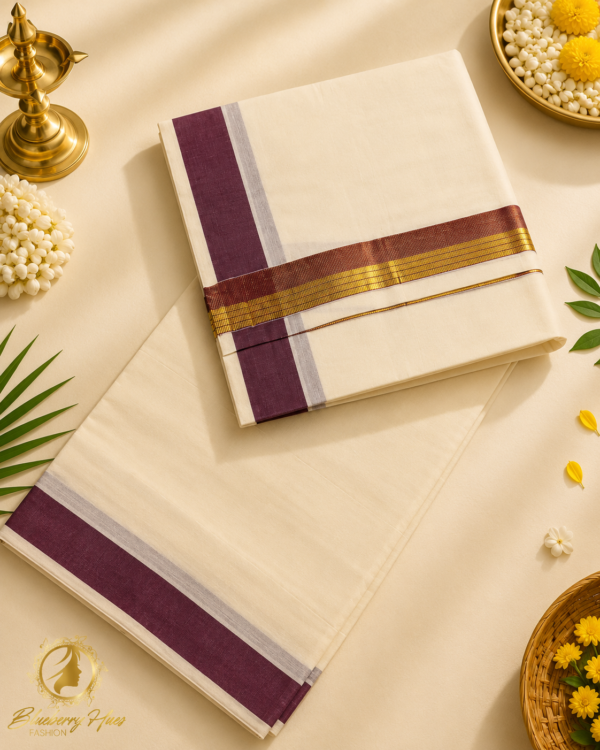 ATHAM – 45: Traditional Kerala Men's Mundu with Maroon and Gold Kasavu Border