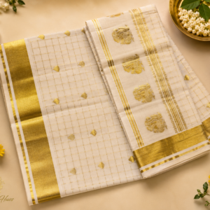 ATHAM – 27: Kerala Kasavu Saree with Golden Checks and Ornate Peacock Woven Pallu