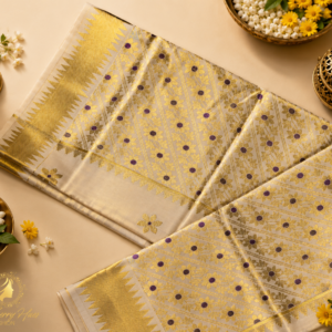 ATHAM – 28: Premium Kerala Kasavu Saree with Golden Floral Zari Weaving & Purple Motifs | Onam Collection