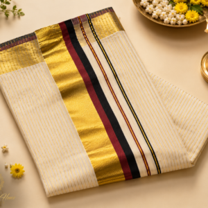ATHAM – 26: Traditional Kerala Kasavu Saree with Golden Stripes and Temple Border | Premium Onam Collection