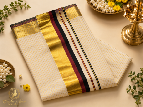 ATHAM – 26: Traditional Kerala Kasavu Saree with Golden Stripes and Temple Border | Premium Onam Collection