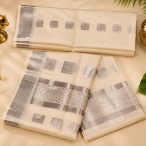 ATHAM – 11: Traditional Kerala Silver Kasavu Saree with Geometric Woven Design | Premium Onam Collection