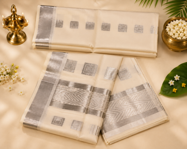 ATHAM – 11: Traditional Kerala Silver Kasavu Saree with Geometric Woven Design | Premium Onam Collection