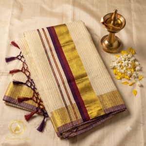 ATHAM – 43: Traditional Kerala Kasavu Saree with Purple Temple Border & Golden Stripe Weaving