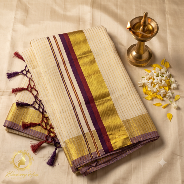 ATHAM – 43: Traditional Kerala Kasavu Saree with Purple Temple Border & Golden Stripe Weaving