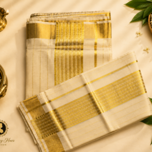 ATHAM – 23: Traditional Kerala Kasavu Saree with Grand Golden Woven Border and Fine Stripes | Premium Onam Collection