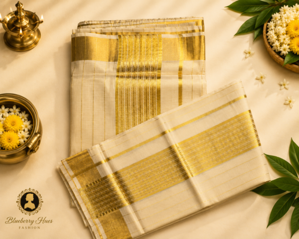 Traditional-elegance-in-golden-hues-1.png ATHAM – 23: Traditional Kerala Kasavu Saree with Grand Golden Woven Border and Fine Stripes | Premium Onam Collection
