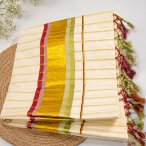 ATHAM – 39: Traditional Kerala Kasavu Saree with contrast border and dotted zari lines | Onam Collection