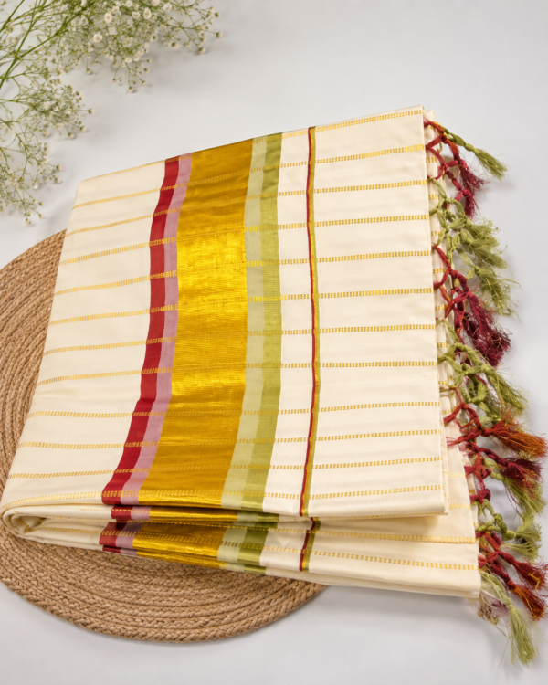 ATHAM – 39: Traditional Kerala Kasavu Saree with contrast border and dotted zari lines | Onam Collection