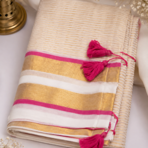 krisha - 120 Thread Count Mul Cotton Saree with Traditional Gold Kasavu Border